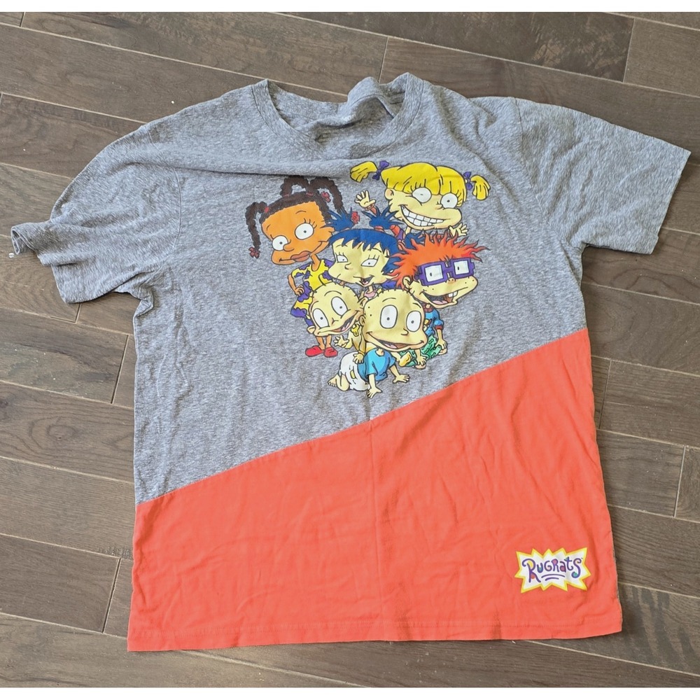 vintage Nickelodeon Rugrats Graphic Colorblock T-Shirt Crew Neck Gray/Orange S